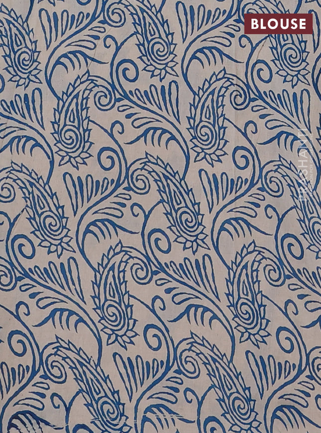 Kalamkari cotton saree beige and blue with allover prints and printed border