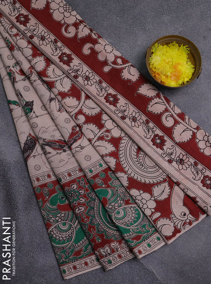 Kalamkari cotton saree beige and maroon with allover prints and printed border