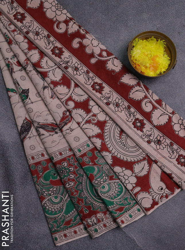 Kalamkari cotton saree beige and maroon with allover prints and printed border