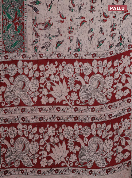 Kalamkari cotton saree beige and maroon with allover prints and printed border