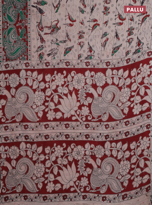 Kalamkari cotton saree beige and maroon with allover prints and printed border