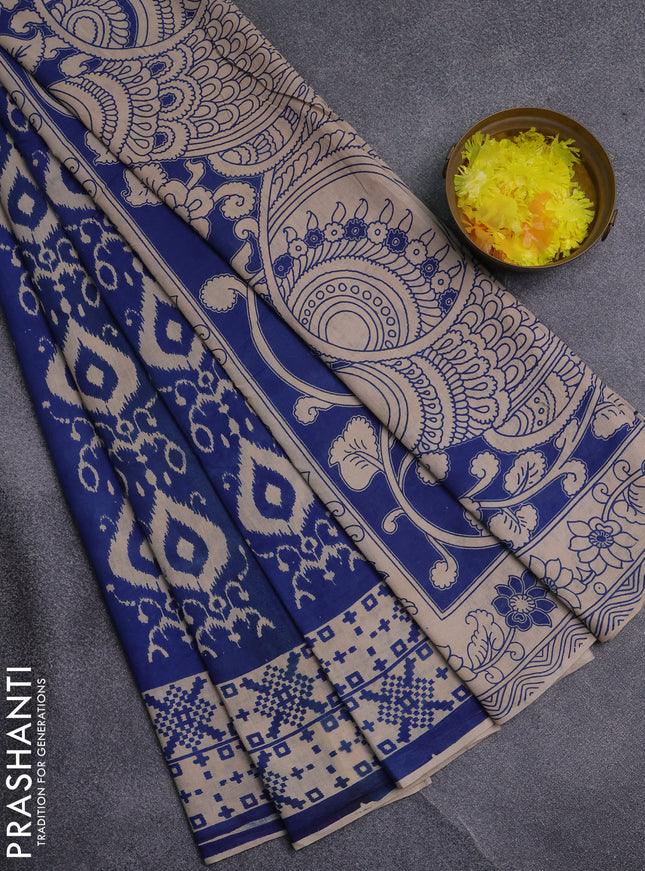 Kalamkari cotton saree blue and beige with allover ikat prints and printed border