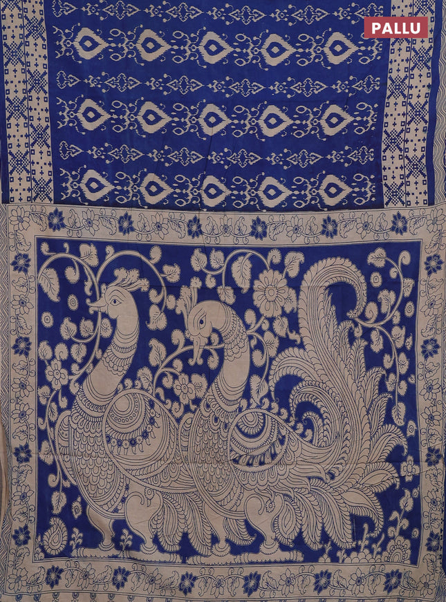 Kalamkari cotton saree blue and beige with allover ikat prints and printed border