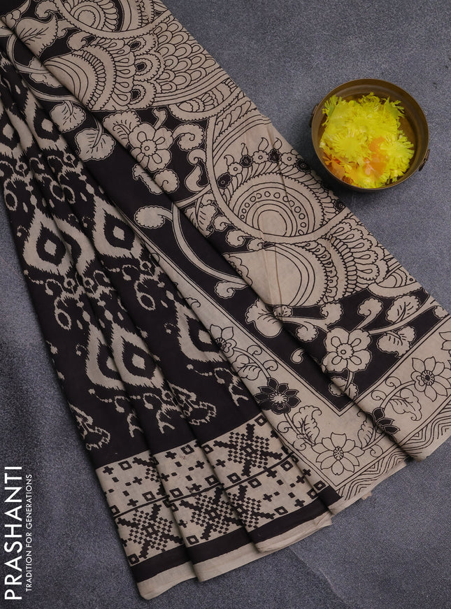 Kalamkari cotton saree black and beige with allover ikat prints and printed border