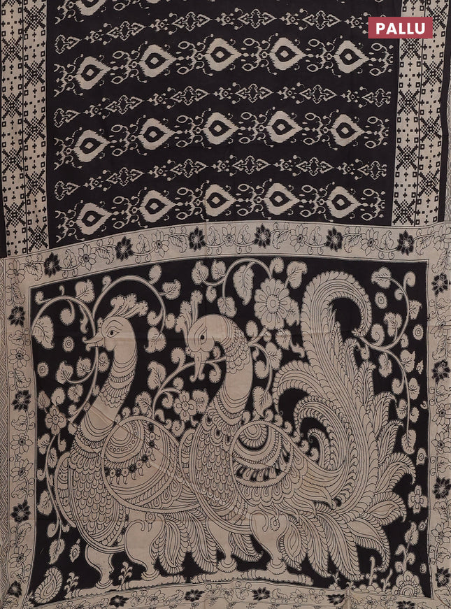 Kalamkari cotton saree black and beige with allover ikat prints and printed border