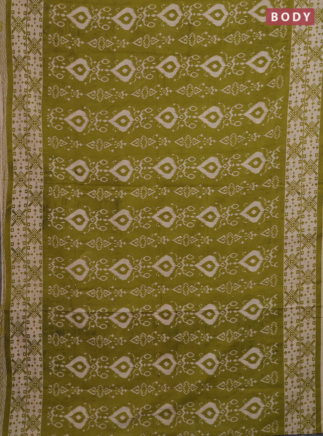 Kalamkari cotton saree light green and beige with allover ikat prints and printed border