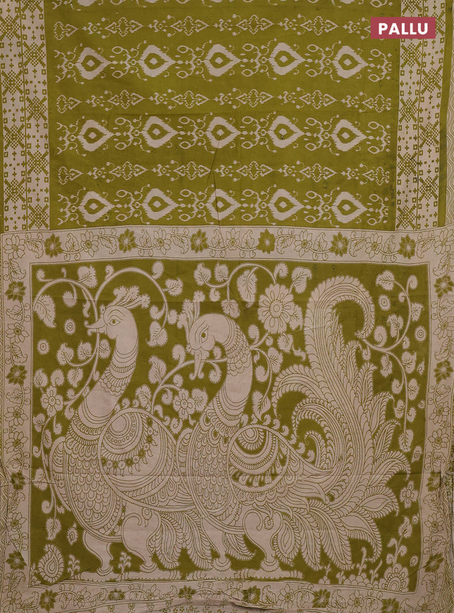 Kalamkari cotton saree light green and beige with allover ikat prints and printed border