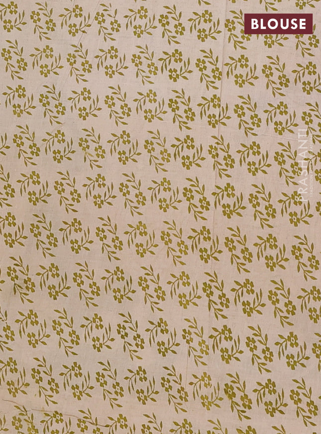 Kalamkari cotton saree light green and beige with allover ikat prints and printed border