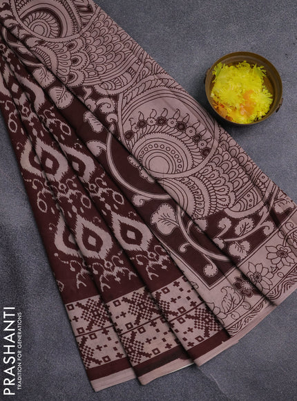 Kalamkari cotton saree coffee brown and beige with allover ikat prints and printed border