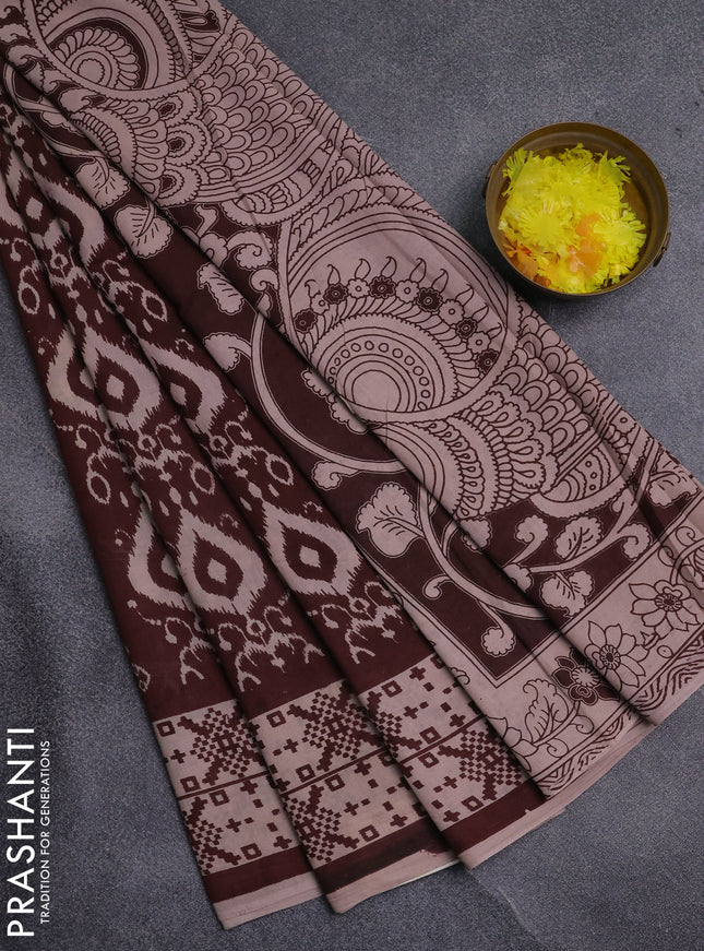 Kalamkari cotton saree coffee brown and beige with allover ikat prints and printed border
