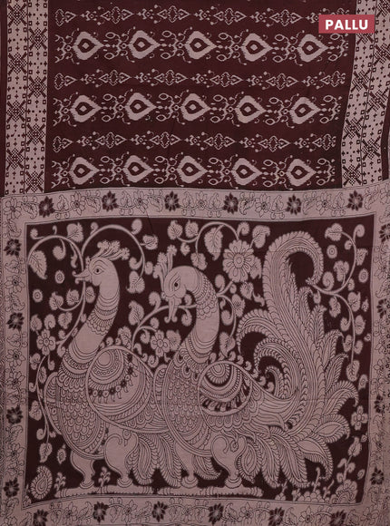 Kalamkari cotton saree coffee brown and beige with allover ikat prints and printed border