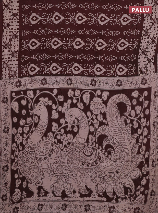 Kalamkari cotton saree coffee brown and beige with allover ikat prints and printed border