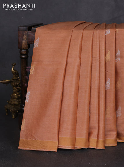Banana silk saree dark sandal and pastel purple with allover silver & zari woven buttas and zari woven border