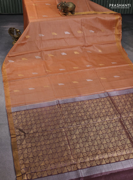 Banana silk saree dark sandal and pastel purple with allover silver & zari woven buttas and zari woven border