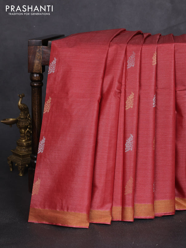 Banana silk saree rust shade and dark grey with allover silver & zari woven buttas and zari woven border