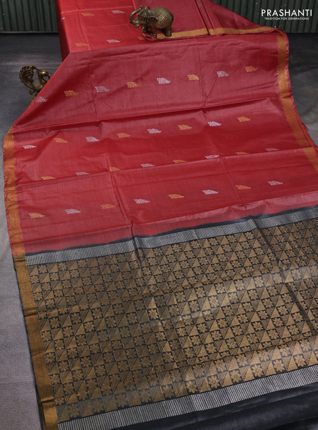 Banana silk saree rust shade and dark grey with allover silver & zari woven buttas and zari woven border