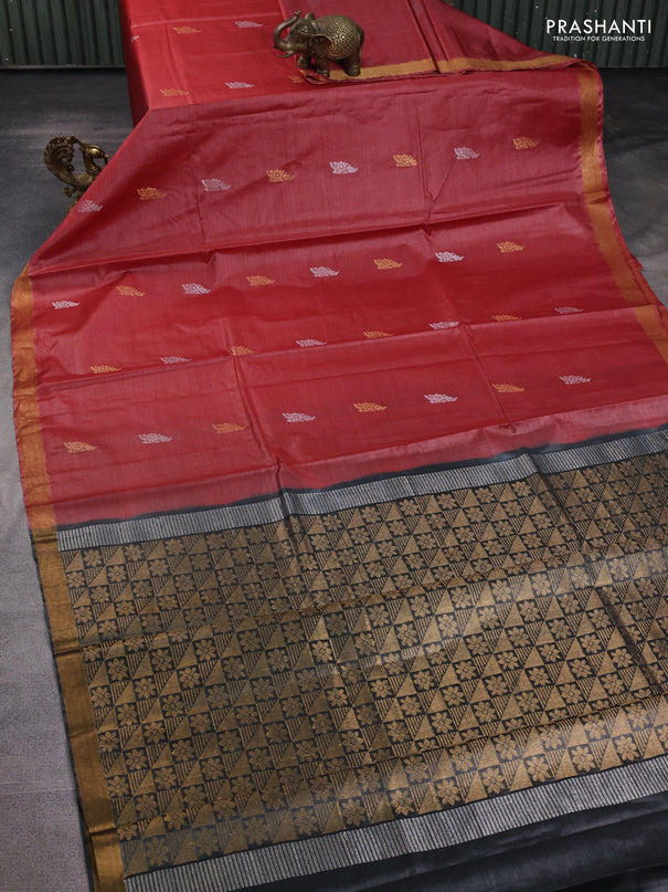 Banana silk saree rust shade and dark grey with allover silver & zari woven buttas and zari woven border