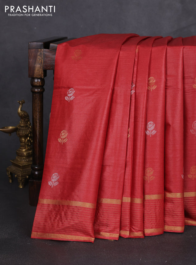 Banana silk saree rust shade with thread & zari woven buttas and zari woven border
