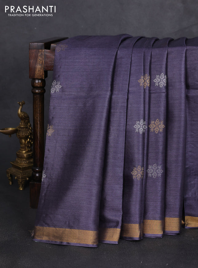 Banana silk saree dark grey with silver & zari woven buttas and zari woven border