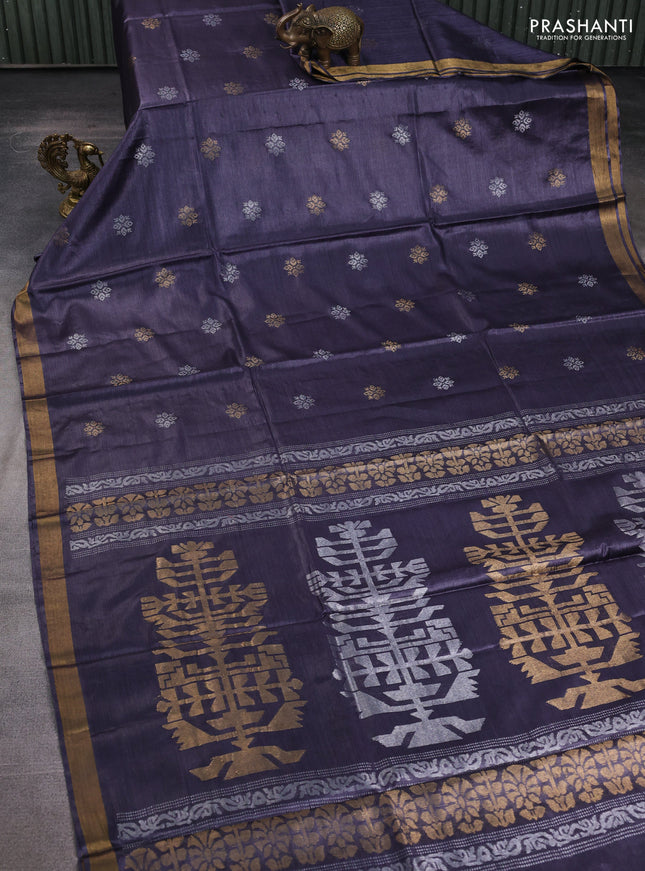 Banana silk saree dark grey with silver & zari woven buttas and zari woven border