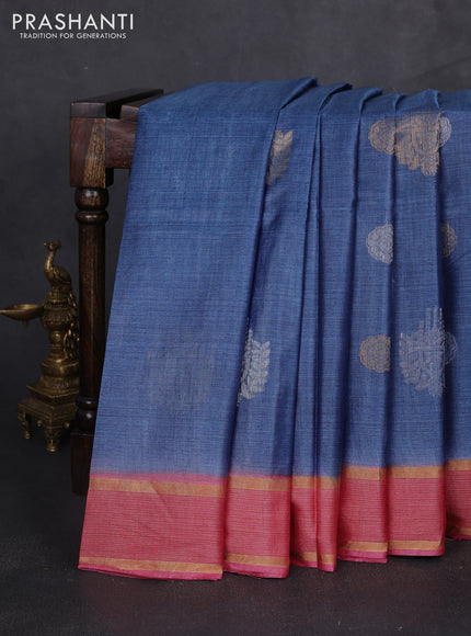 Banana silk saree blue and pink with silver & zari woven buttas and zari woven border