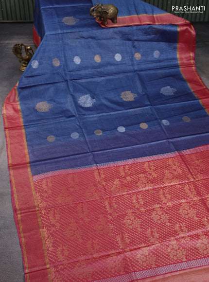 Banana silk saree blue and pink with silver & zari woven buttas and zari woven border