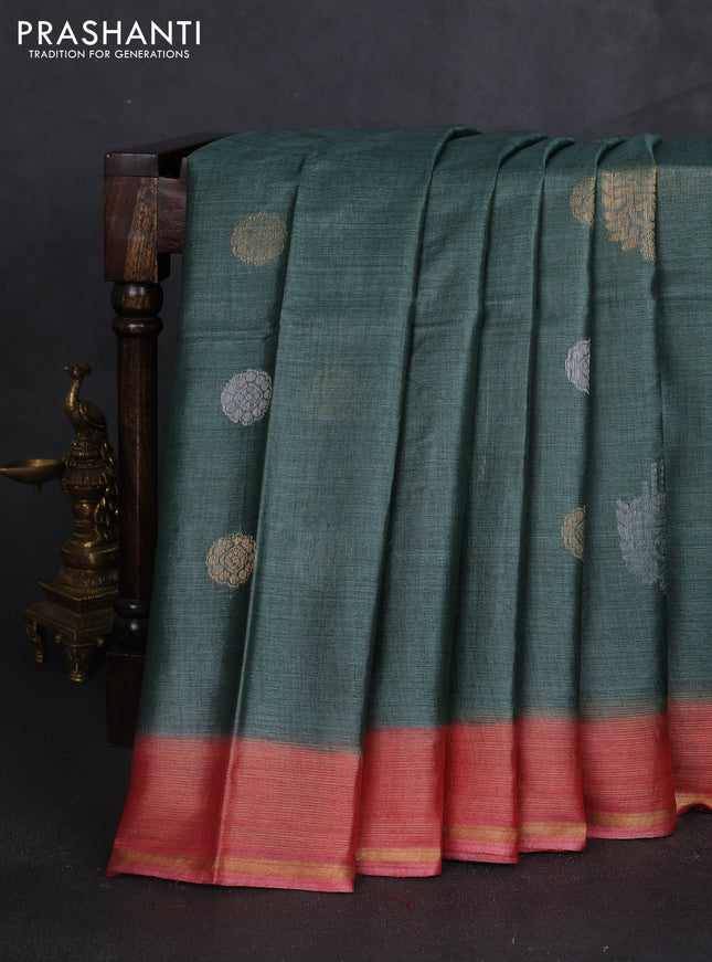 Banana silk saree green and rust shade with silver & zari woven buttas and zari woven border