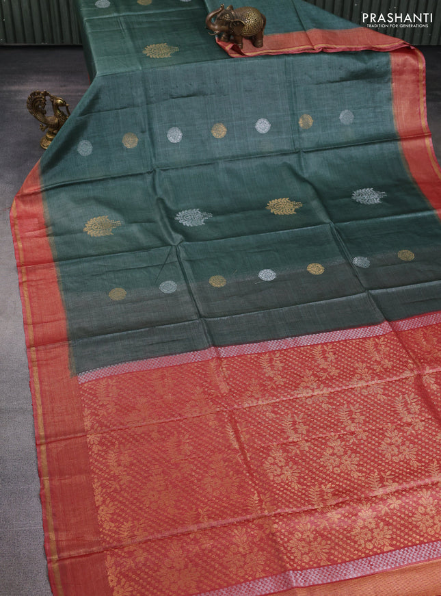 Banana silk saree green and rust shade with silver & zari woven buttas and zari woven border