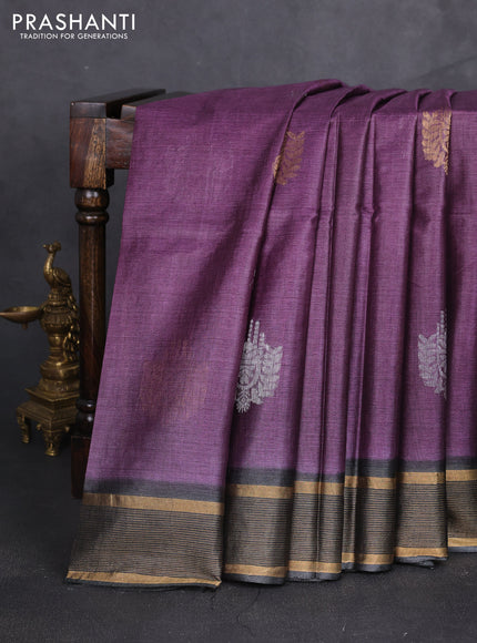 Banana silk saree purple and elephant grey with silver & zari woven buttas and zari woven border