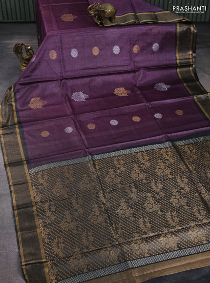Banana silk saree purple and elephant grey with silver & zari woven buttas and zari woven border