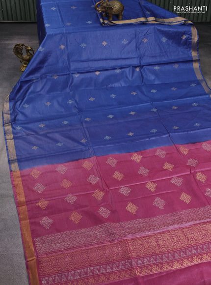 Banana silk saree blue and pink with silver & zari woven buttas and zari woven border