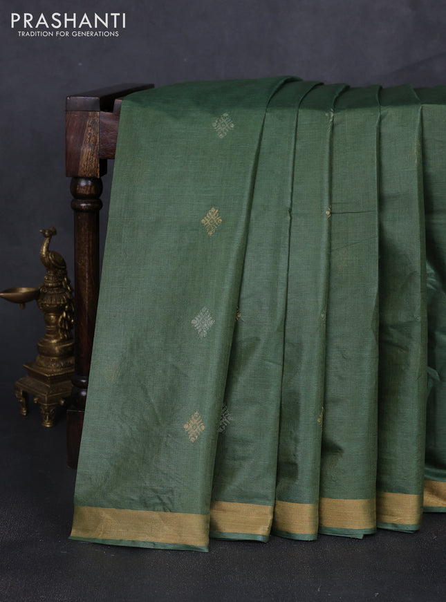 Banana silk saree green and rust shade with silver & zari woven buttas and zari woven border