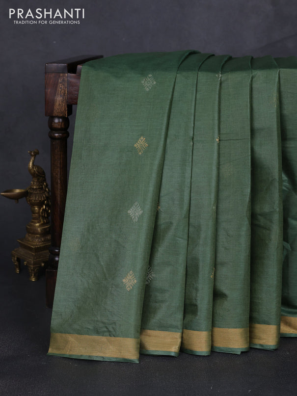 Banana silk saree green and rust shade with silver & zari woven buttas and zari woven border