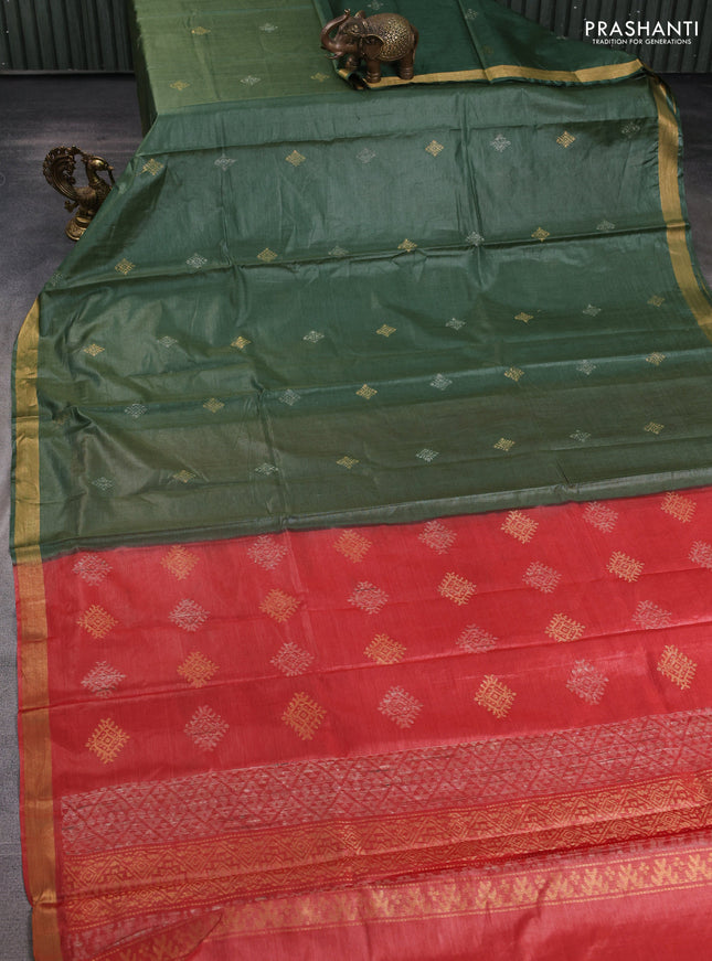 Banana silk saree green and rust shade with silver & zari woven buttas and zari woven border