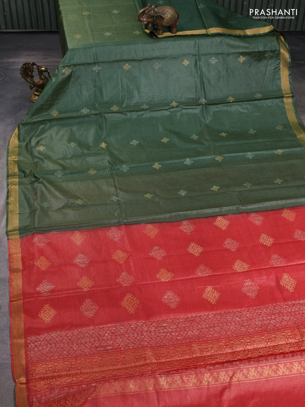 Banana silk saree green and rust shade with silver & zari woven buttas and zari woven border
