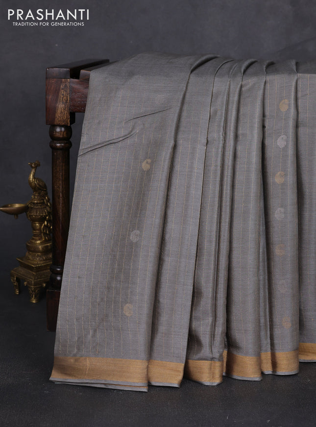 Banana silk saree grey with allover zari stripe & buttas and zari woven border