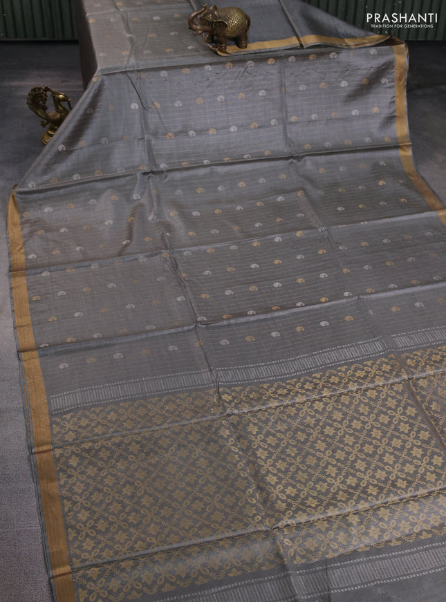 Banana silk saree grey with allover zari stripe & buttas and zari woven border