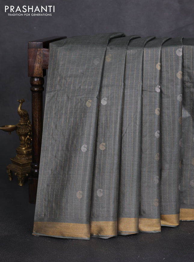 Banana silk saree pastel green and red with allover zari stripe & buttas and zari woven border