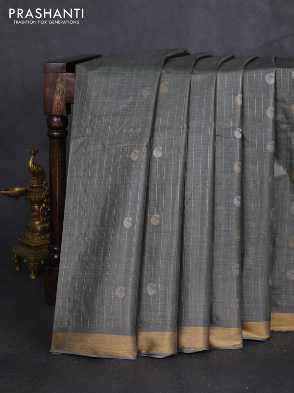 Banana silk saree pastel green and red with allover zari stripe & buttas and zari woven border