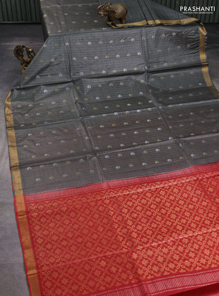 Banana silk saree pastel green and red with allover zari stripe & buttas and zari woven border