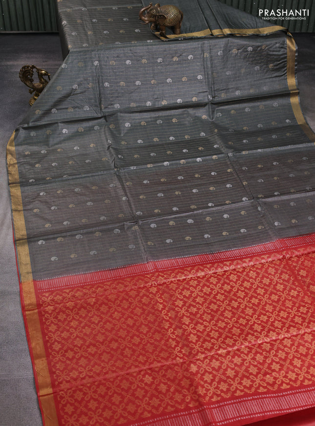 Banana silk saree pastel green and red with allover zari stripe & buttas and zari woven border