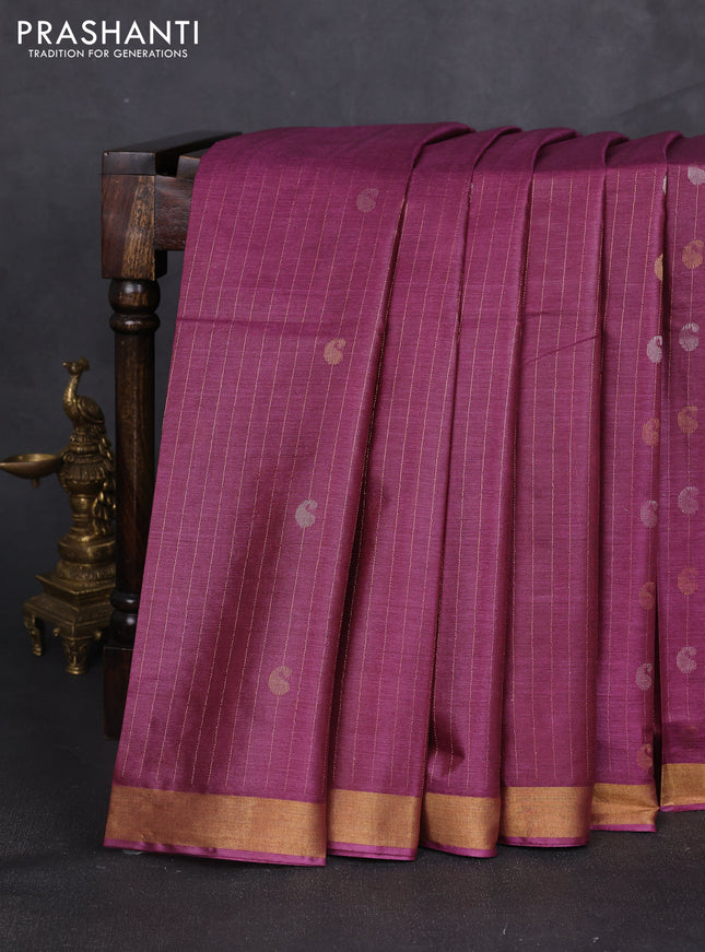 Banana silk saree magenta pink with allover zari stripe & buttas and zari woven border