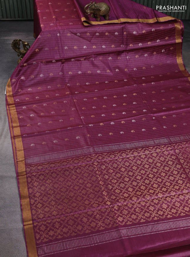 Banana silk saree magenta pink with allover zari stripe & buttas and zari woven border