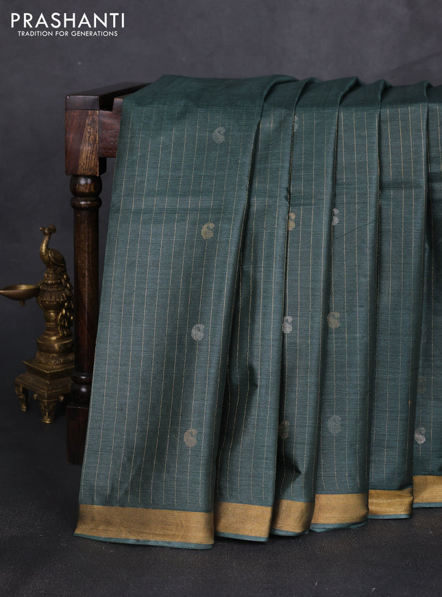 Banana silk saree dark green with allover zari stripe & buttas and zari woven border