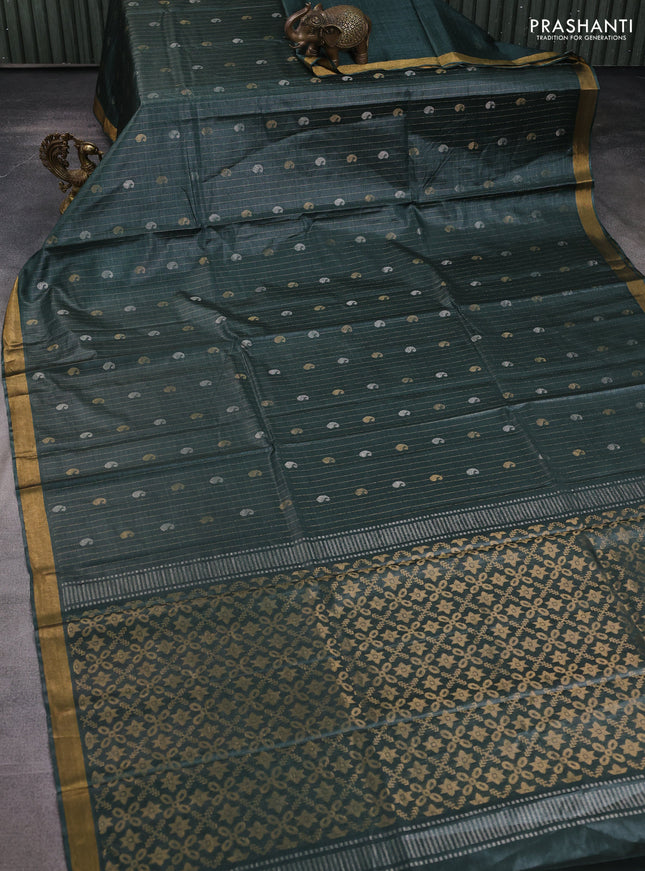 Banana silk saree dark green with allover zari stripe & buttas and zari woven border