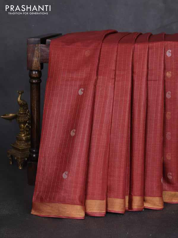 Banana silk saree pastel maroon with allover zari stripe & buttas and zari woven border