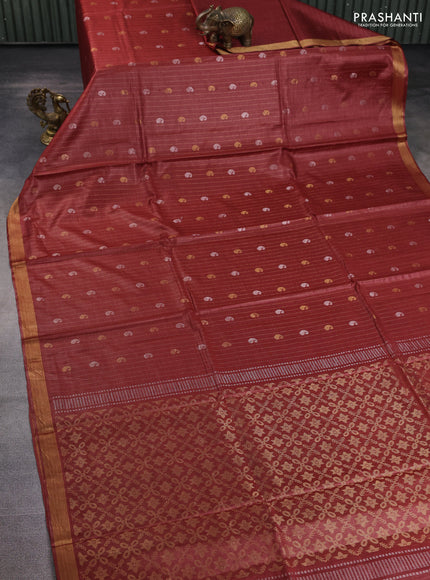 Banana silk saree pastel maroon with allover zari stripe & buttas and zari woven border
