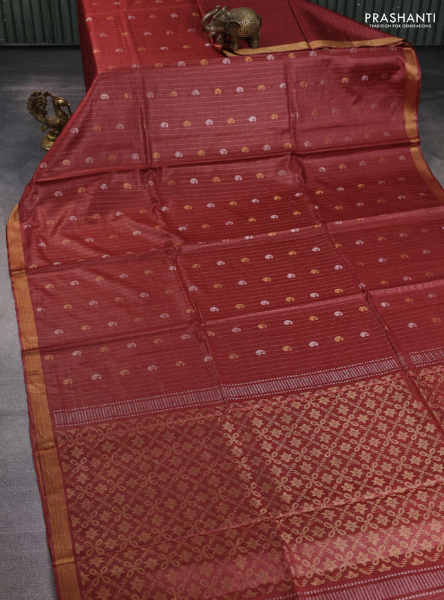 Banana silk saree pastel maroon with allover zari stripe & buttas and zari woven border
