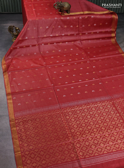 Banana silk saree rust shade with allover zari stripe & buttas and zari woven border