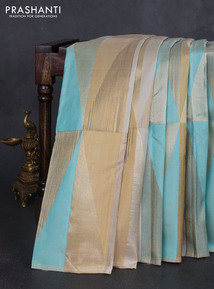 Pure kanchipuram silk saree teal blue cream and sandal with allover geometric weaves in borderless style